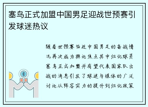 塞鸟正式加盟中国男足迎战世预赛引发球迷热议