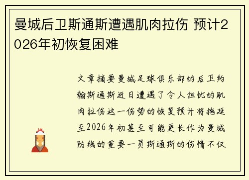 曼城后卫斯通斯遭遇肌肉拉伤 预计2026年初恢复困难 曼城后卫斯通斯遭遇肌肉拉伤 预计2026年初恢复困难